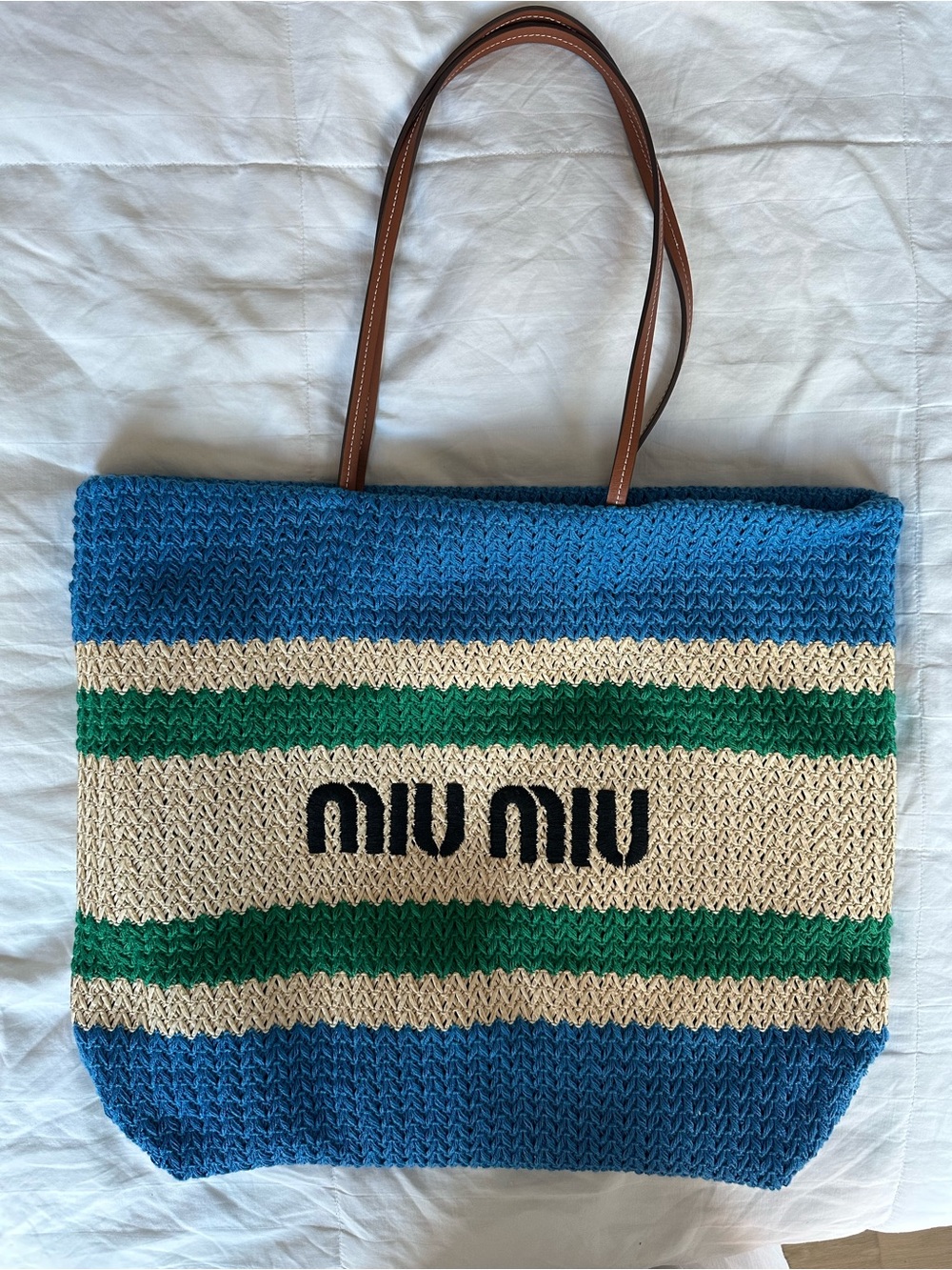 Miu Miu Blue & Cream Knit Tote Bag with Green Stripes